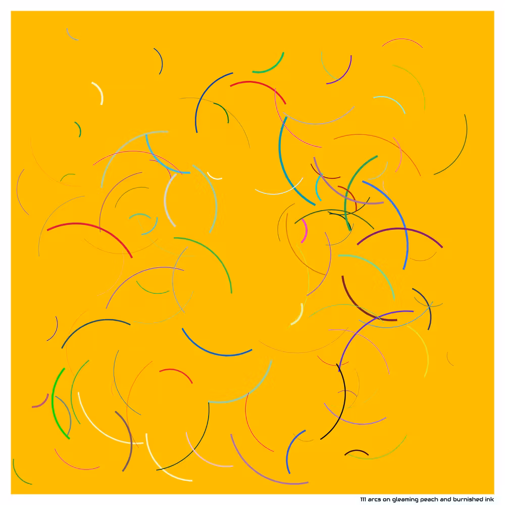 111 arcs on gleaming peach and burnished ink