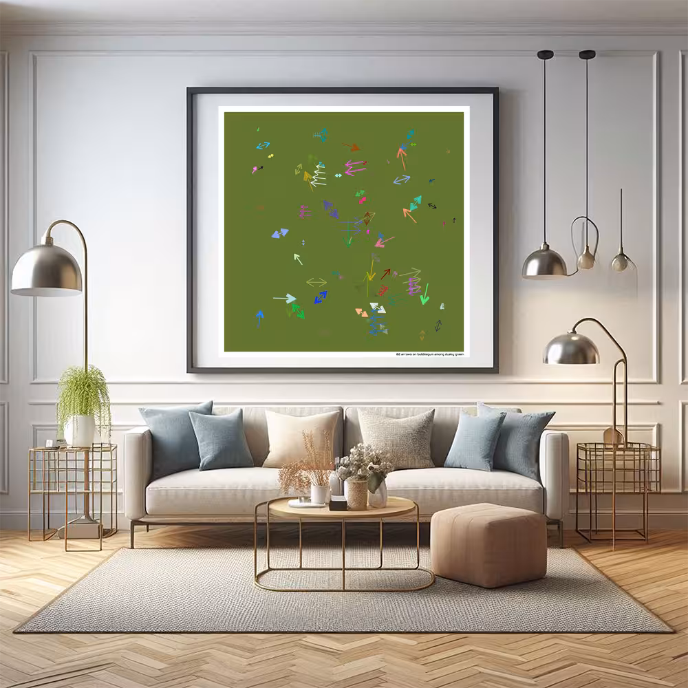 82 arrows on bubblegum among dusky green in room setting