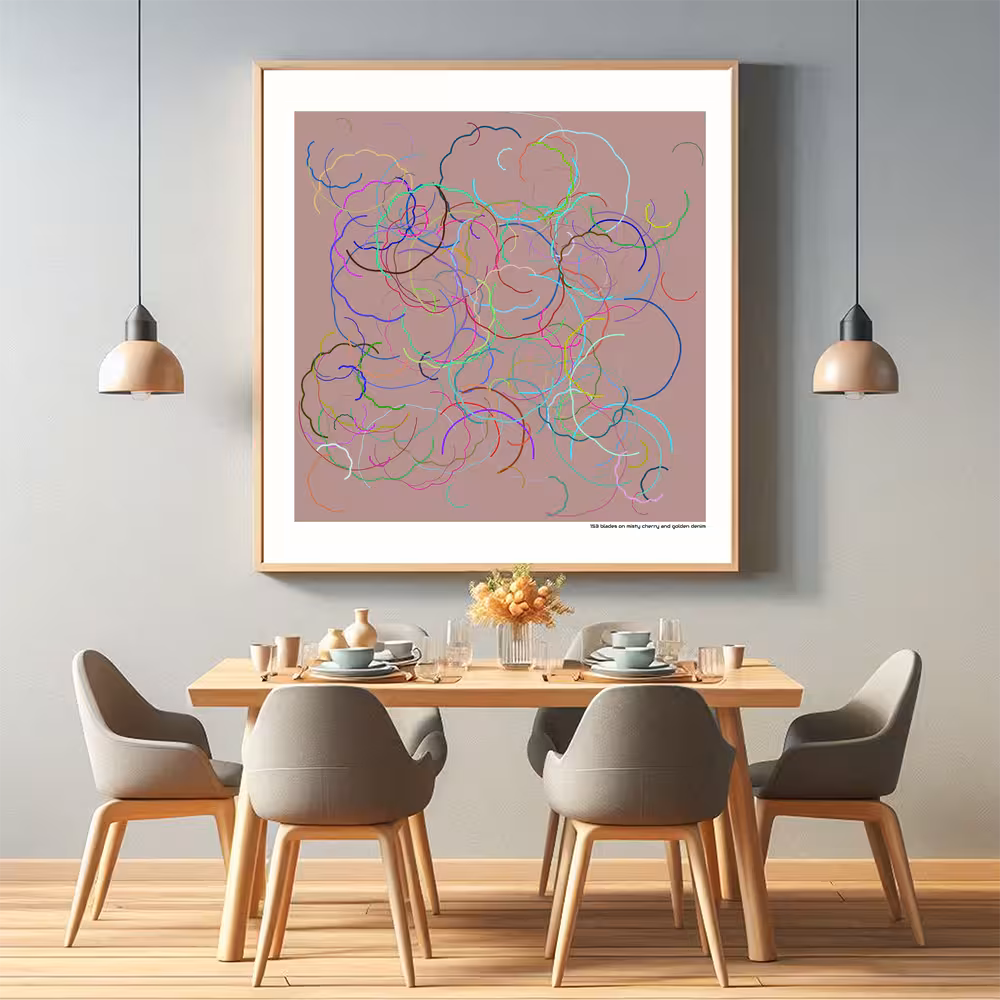 153 blades on misty cherry and golden denim in room setting