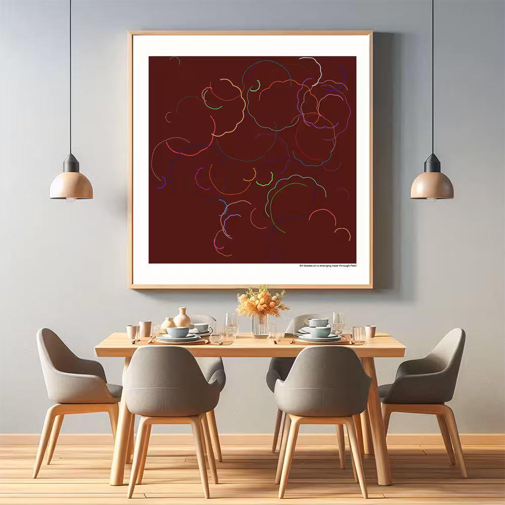 54 blades on a emerging haze through field in room setting