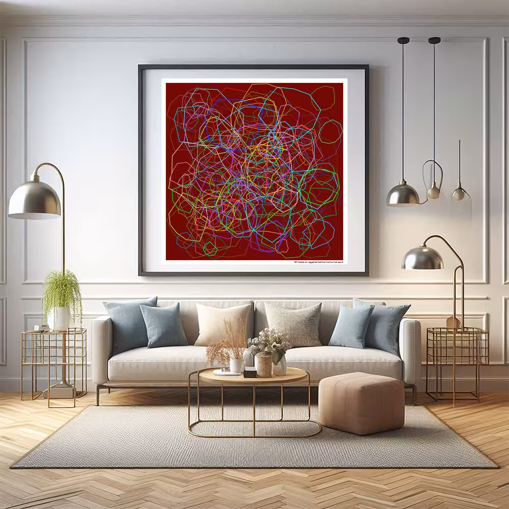 197 blobs on eggshell behind nocturnal sand in room setting