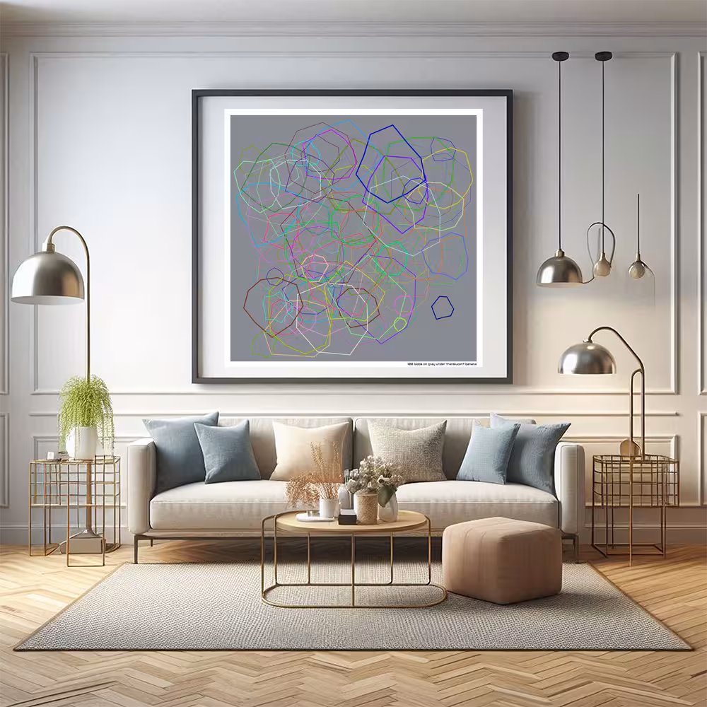 108 blobs on gray under translucent banana in room setting