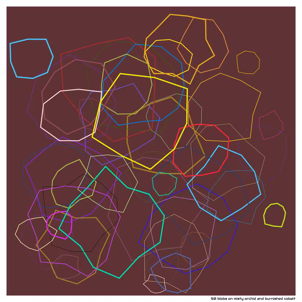 50 blobs on misty orchid and burnished cobalt