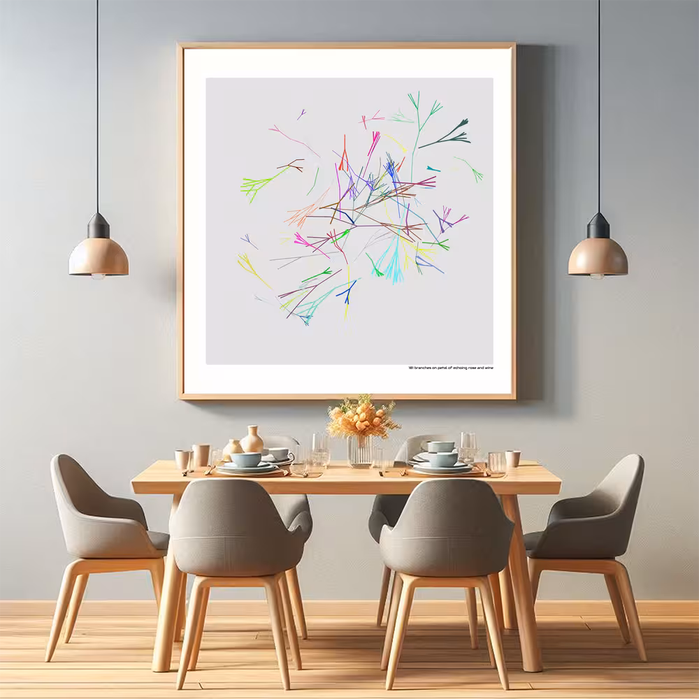 181 branches on petal of echoing rose and wine in room setting