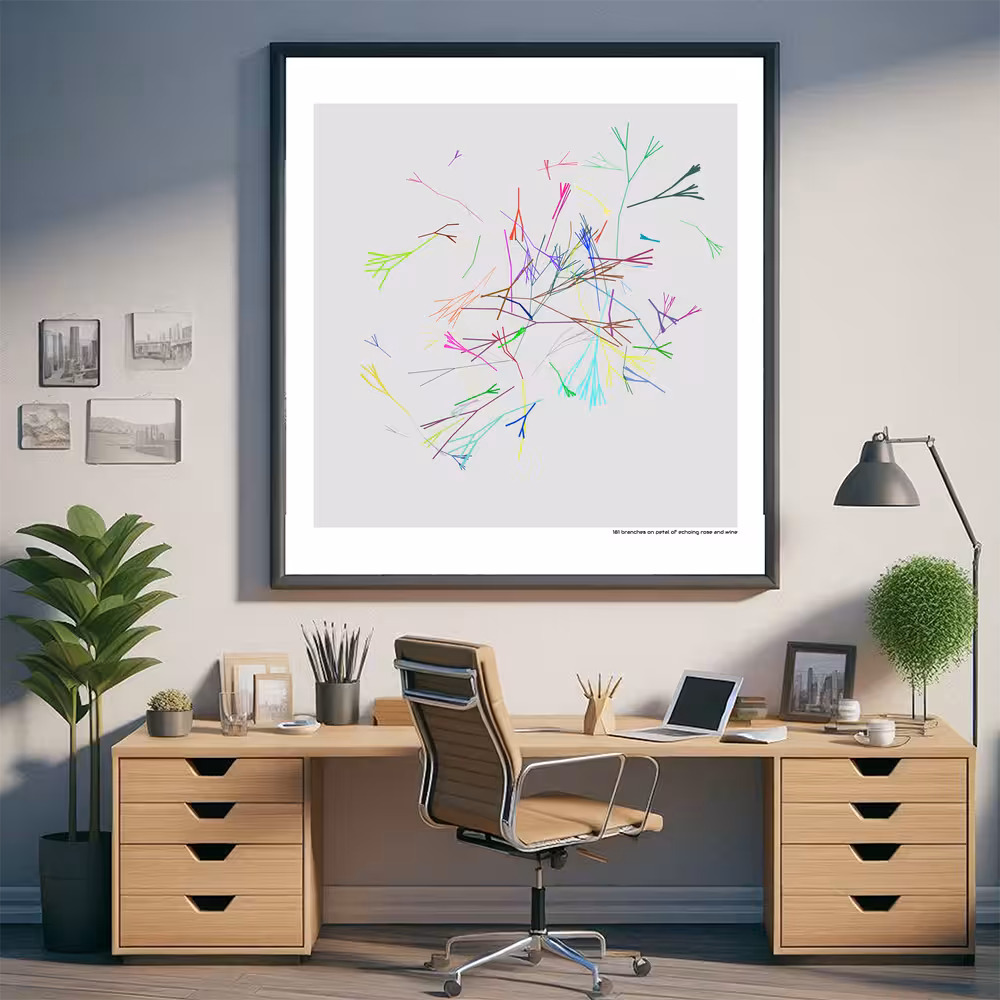 181 branches on petal of echoing rose and wine in room setting