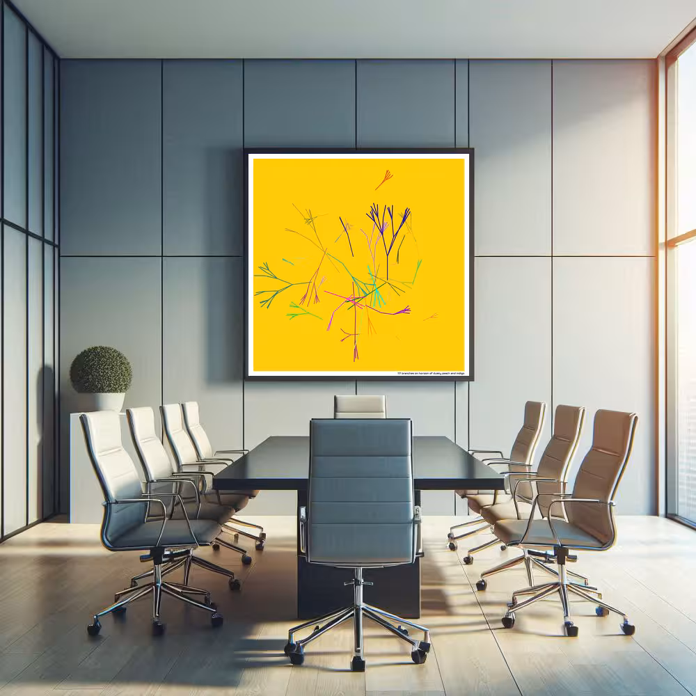 117 branches on horizon of dusky peach and indigo in room setting