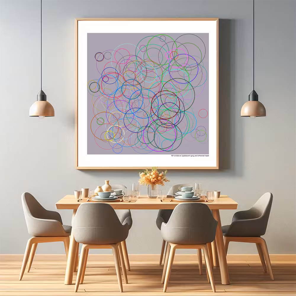 157 circles on opalescent gray and ethereal hazel in room setting