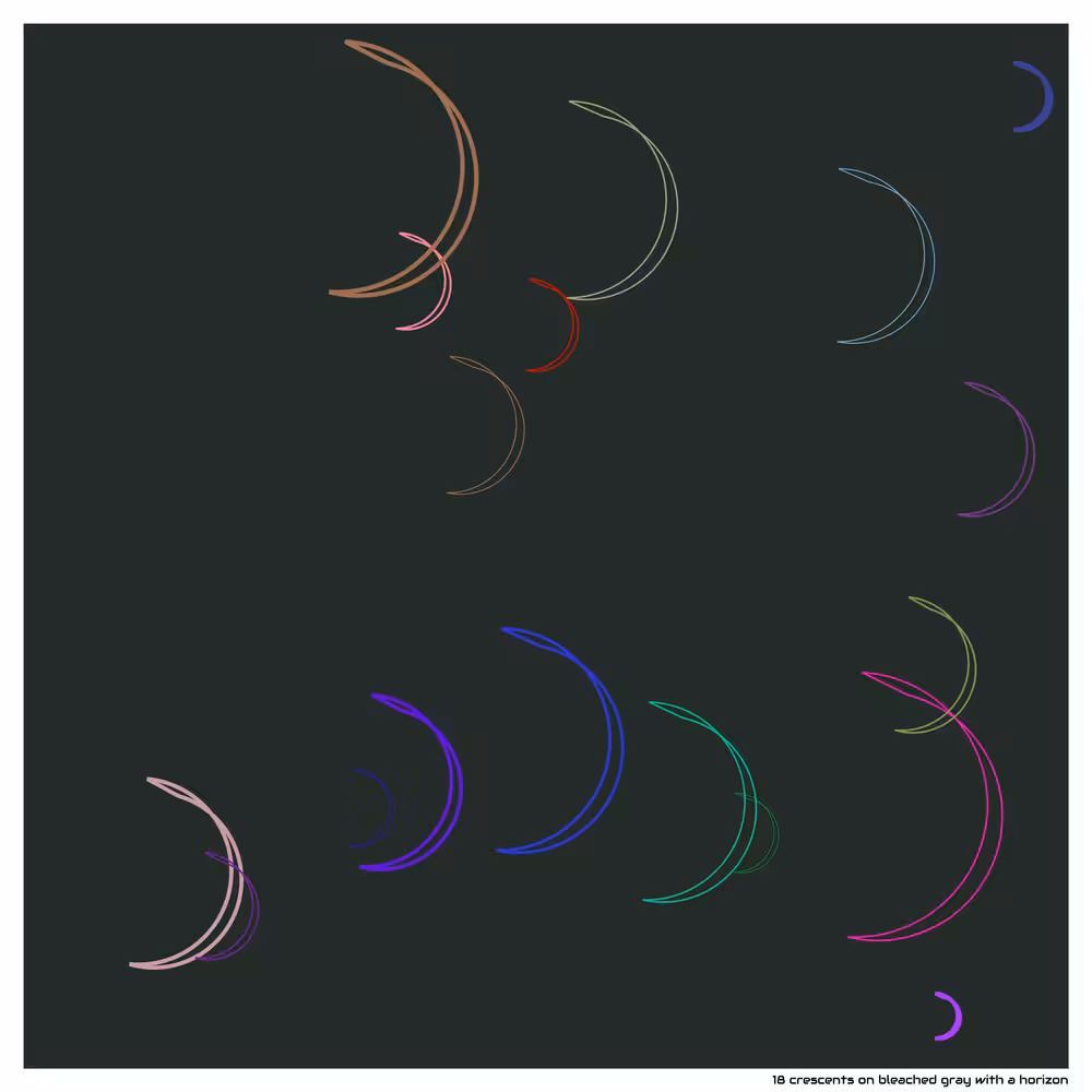 18 crescents on bleached gray with a horizon