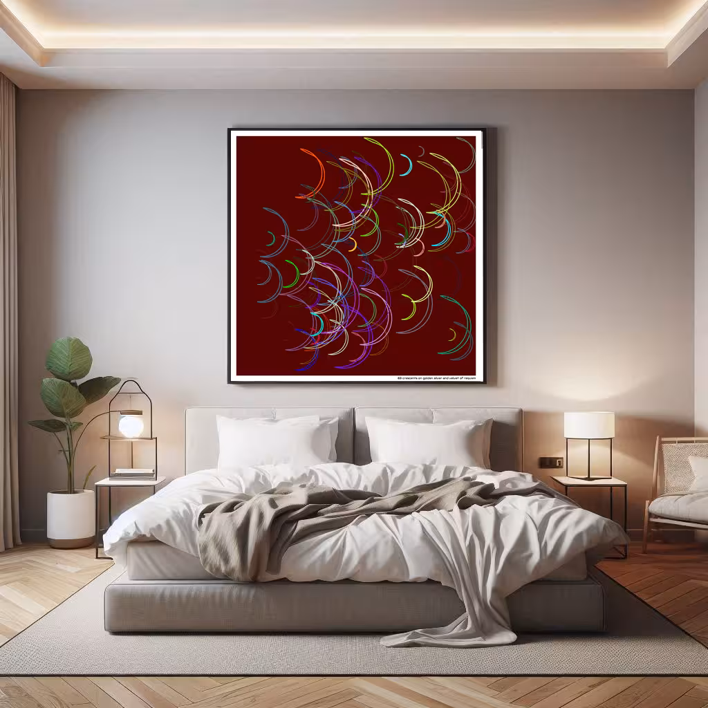 83 crescents on golden silver and velvet of requiem in room setting