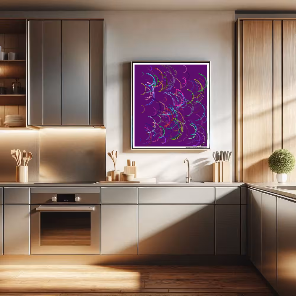 116 crescents on veiled charcoal and pale storm in room setting