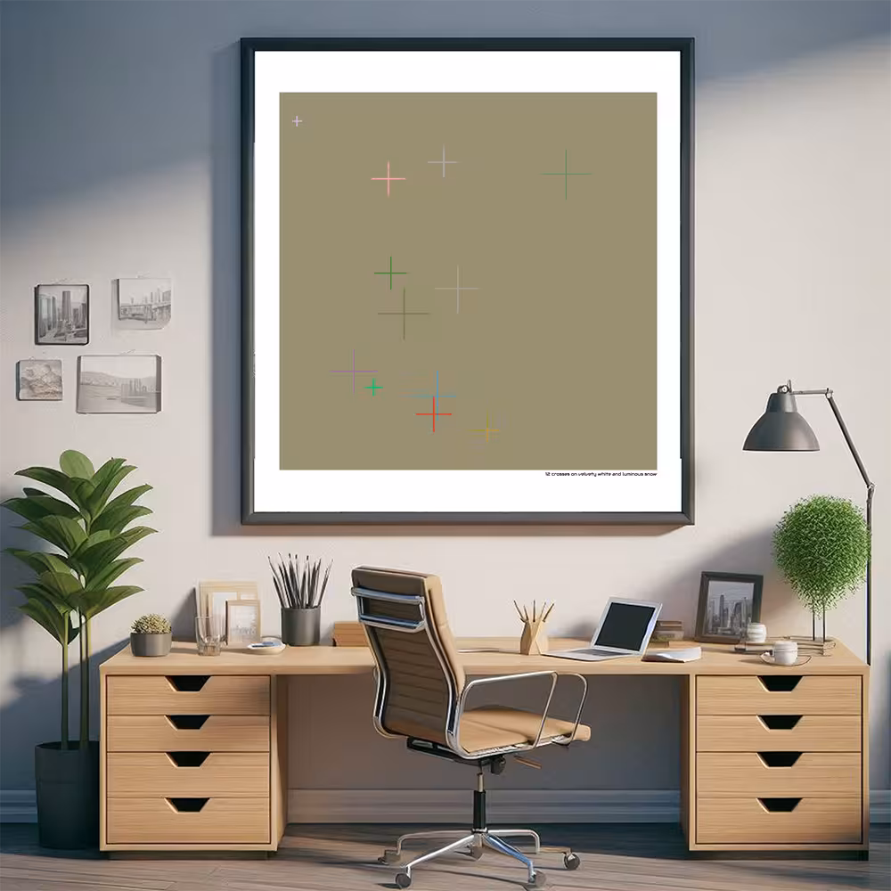 12 crosses on velvety white and luminous snow in room setting