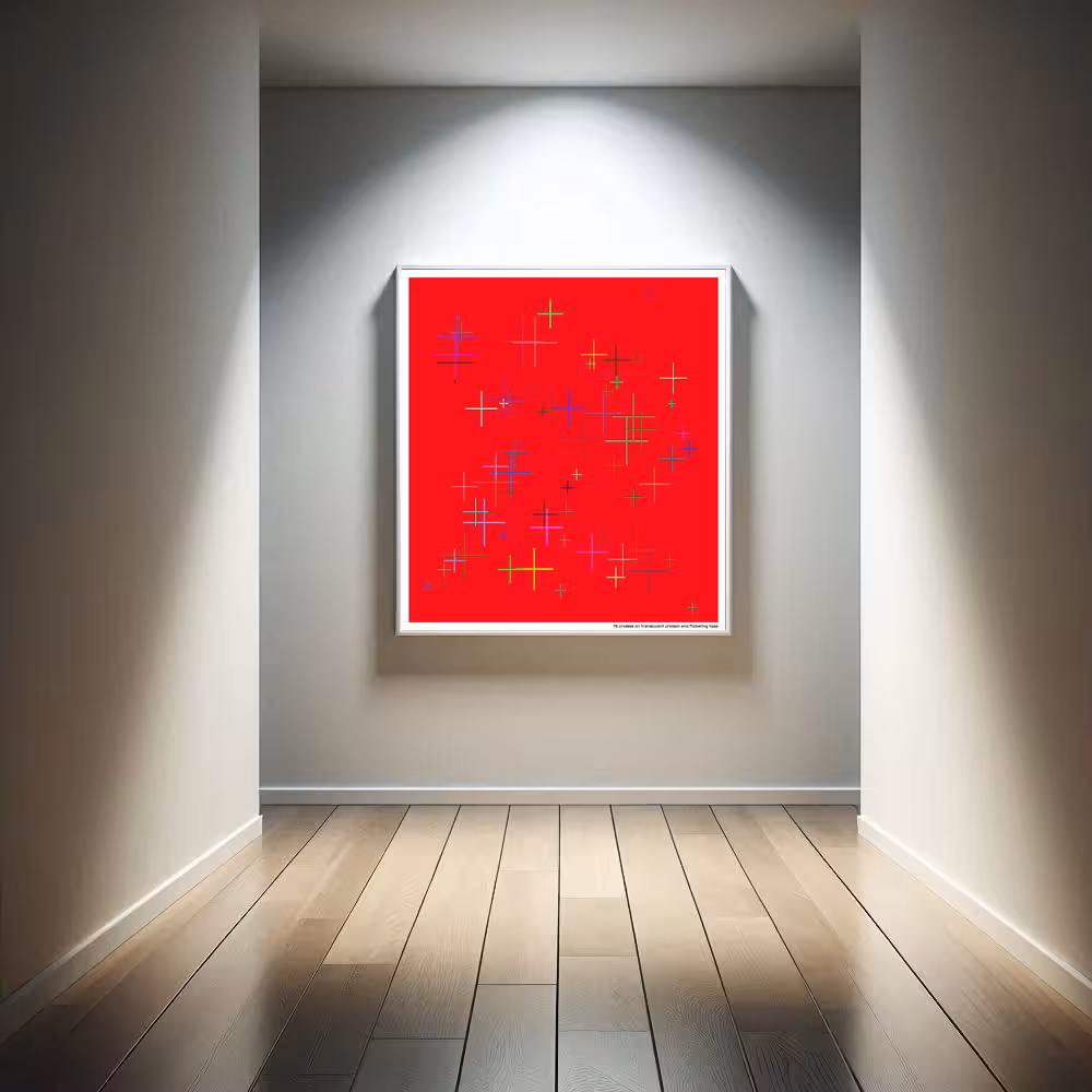 76 crosses on translucent crimson and flickering haze in room setting