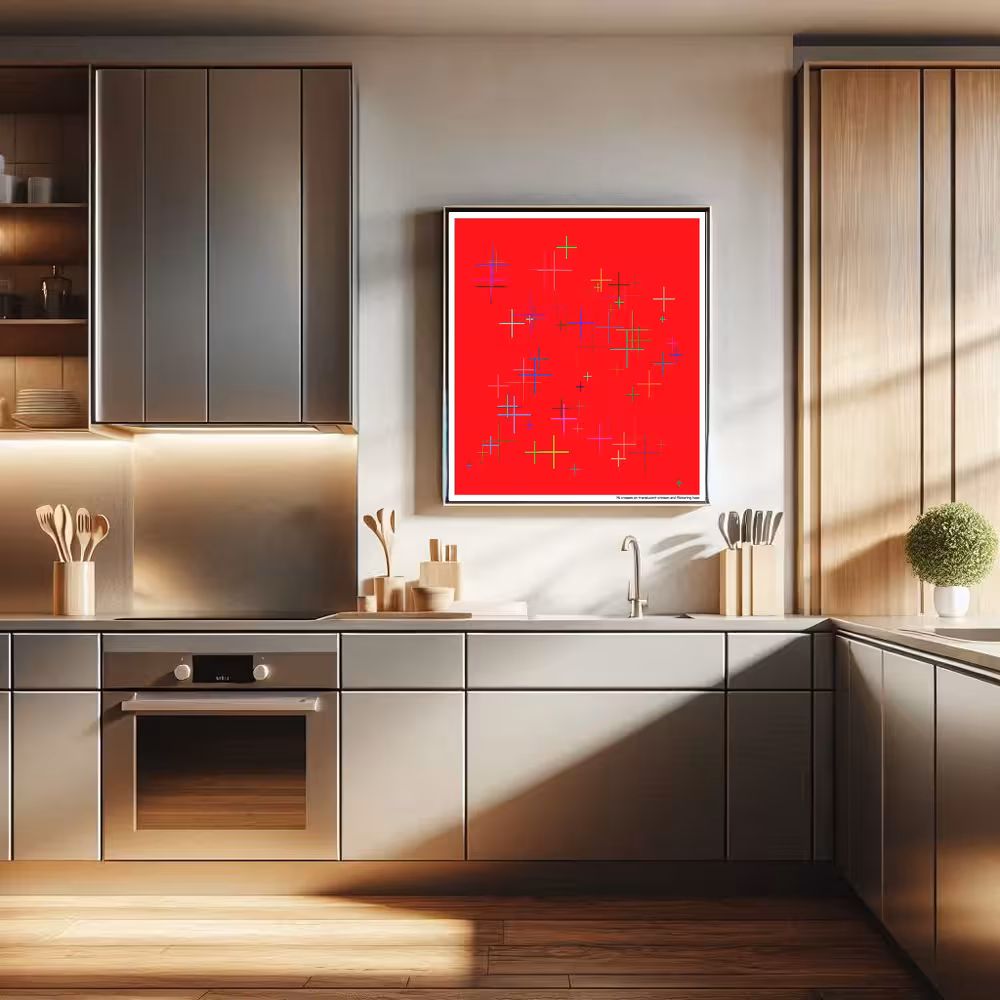 76 crosses on translucent crimson and flickering haze in room setting