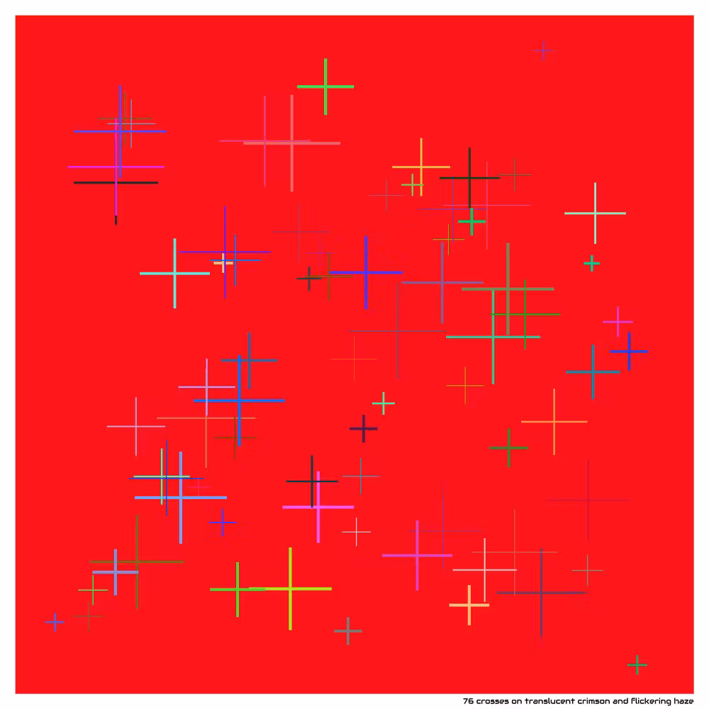 76 crosses on translucent crimson and flickering haze