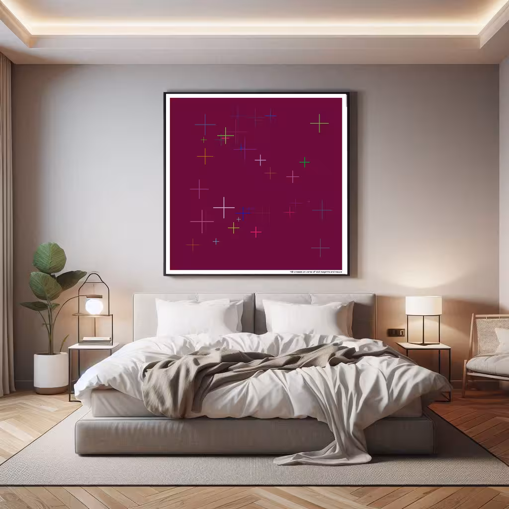 40 crosses on verse of dull magenta and mauve in room setting