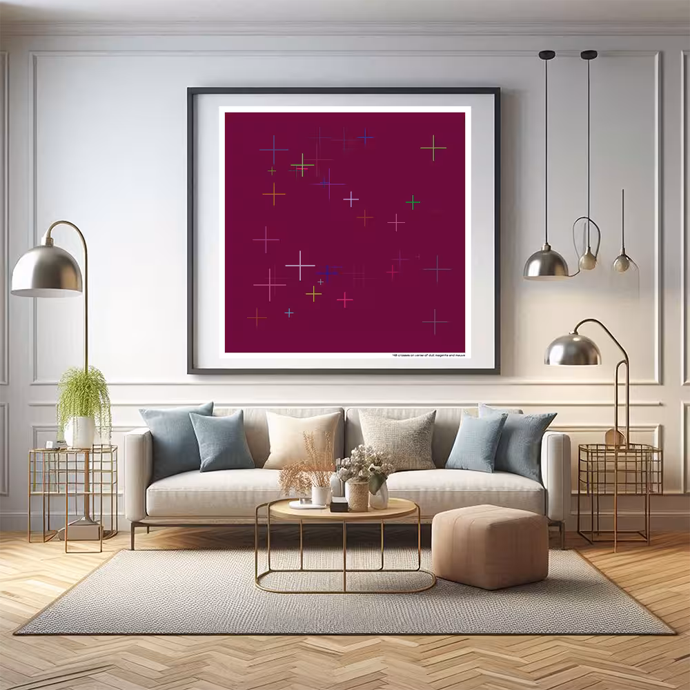 40 crosses on verse of dull magenta and mauve in room setting