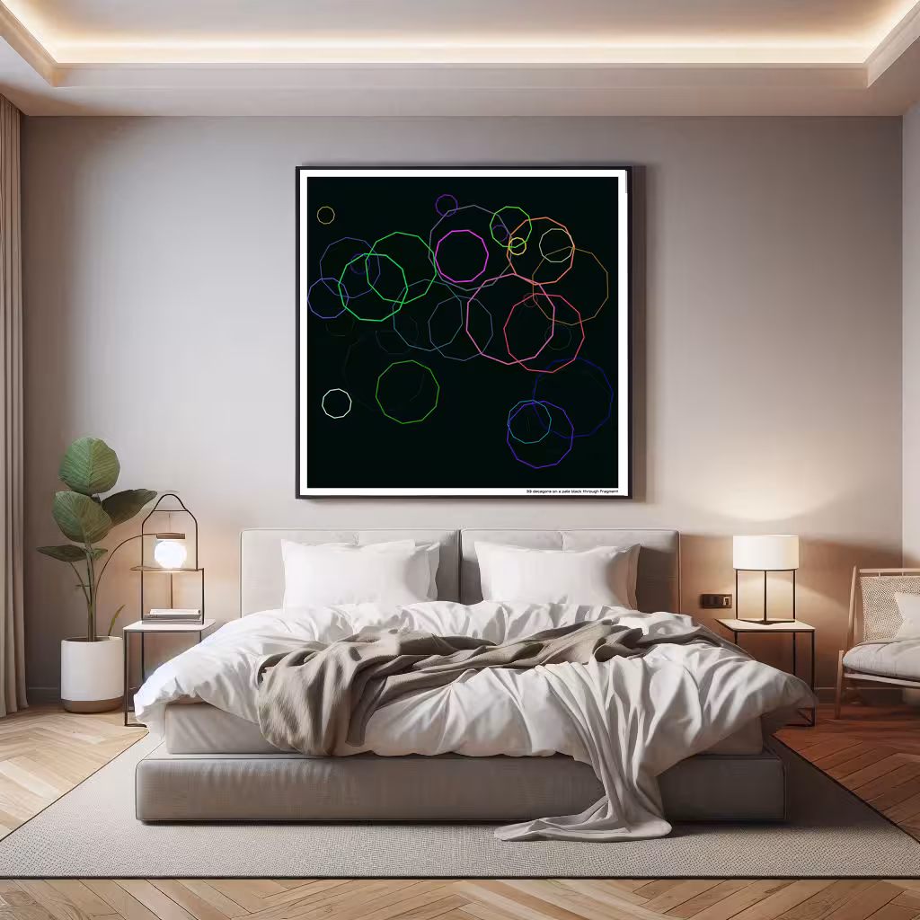 33 decagons on a pale black through fragment in room setting