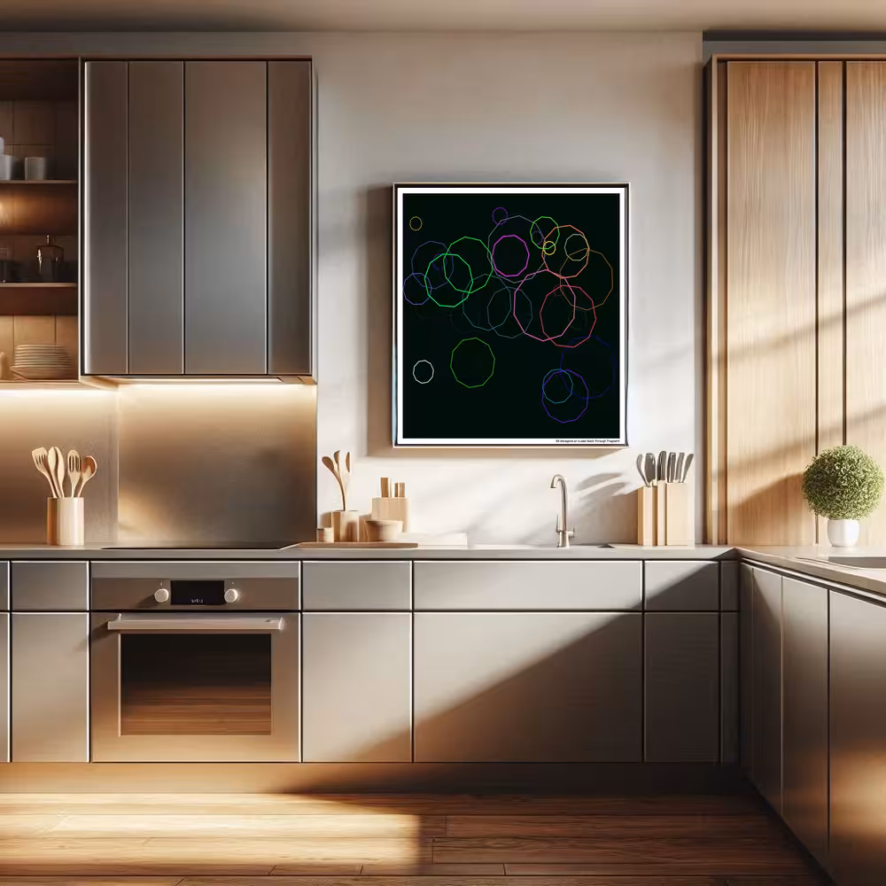 33 decagons on a pale black through fragment in room setting