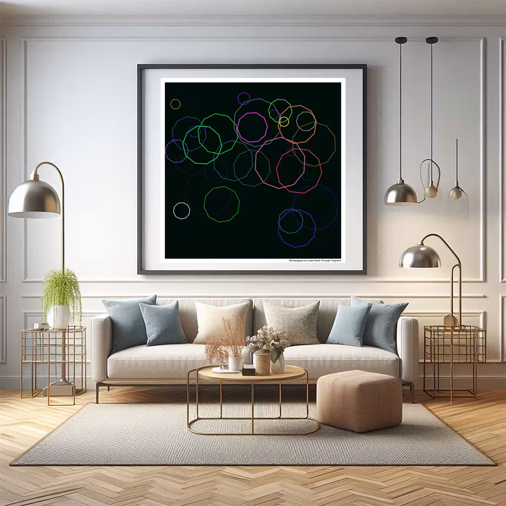 33 decagons on a pale black through fragment in room setting