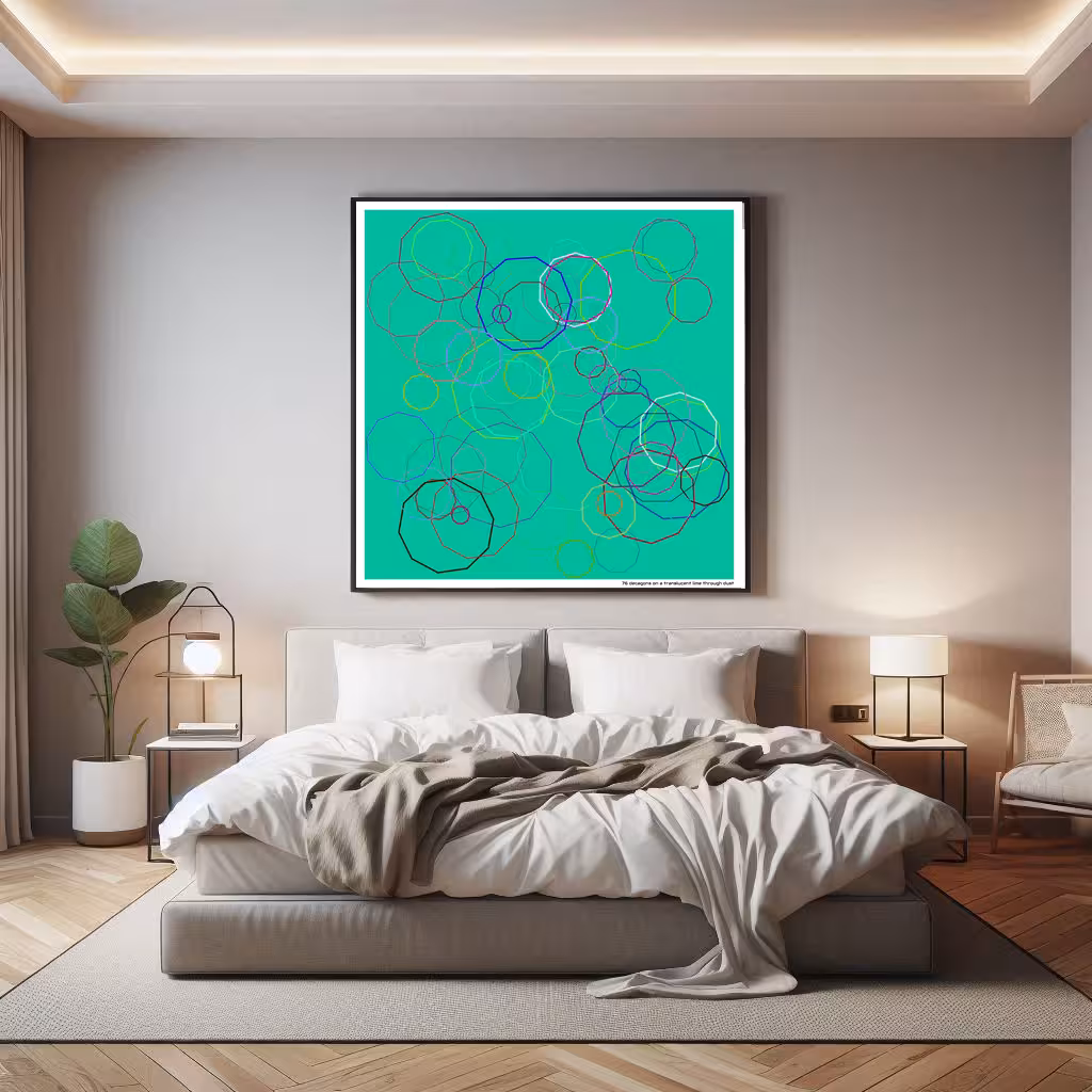 76 decagons on a translucent lime through dust in room setting