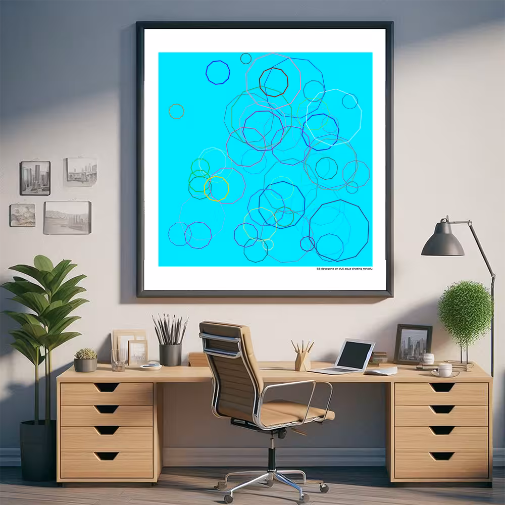 58 decagons on dull aqua chasing melody in room setting