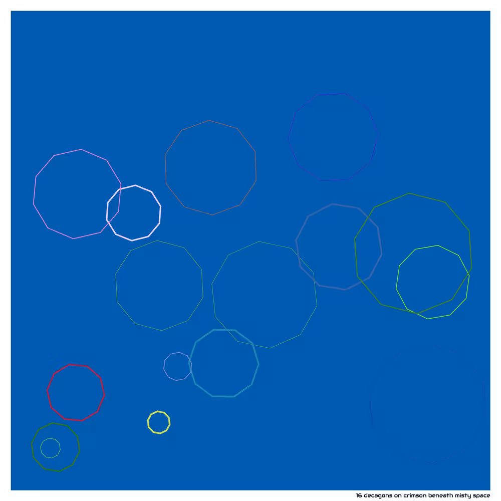 16 decagons on crimson beneath misty space