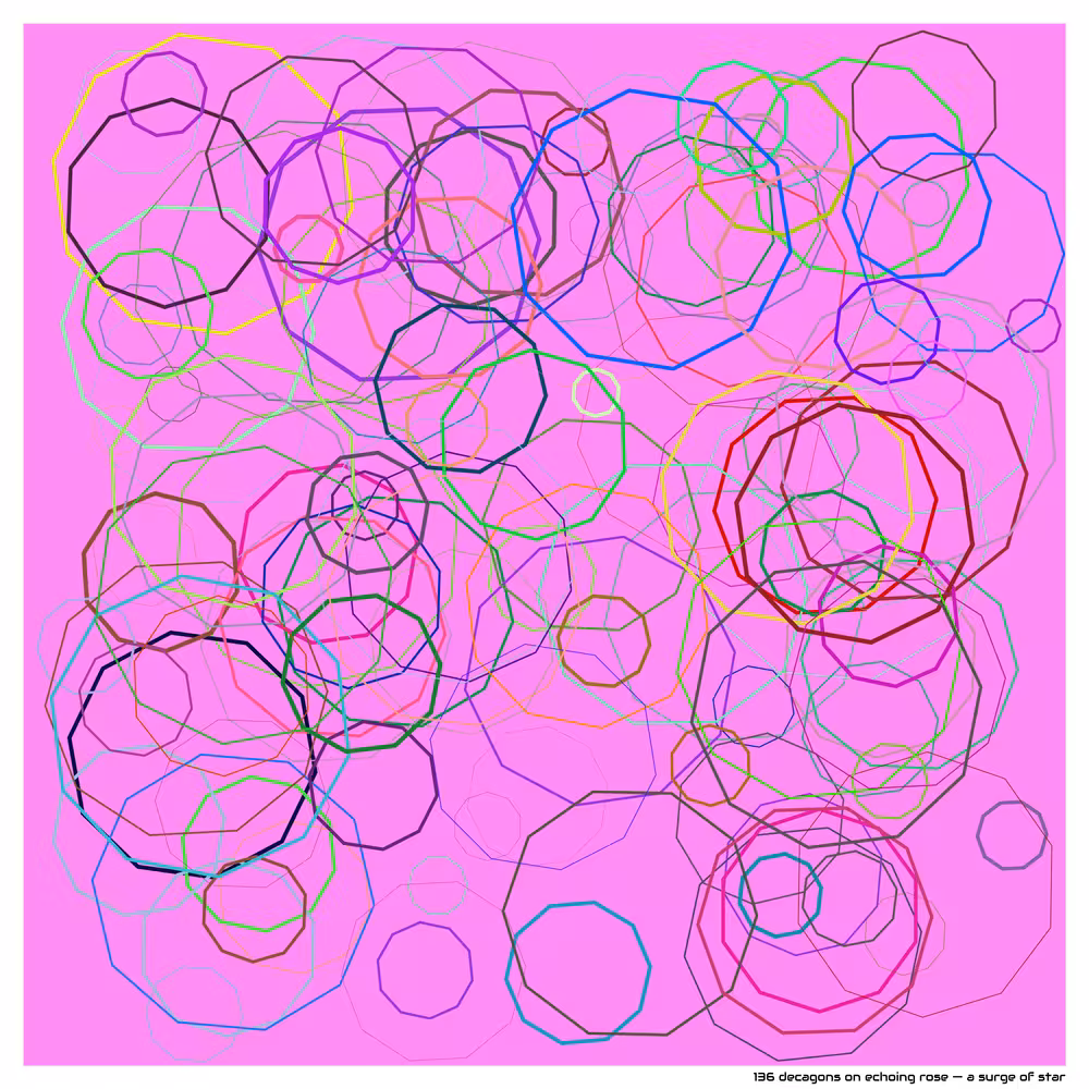 136 decagons on echoing rose — a surge of star