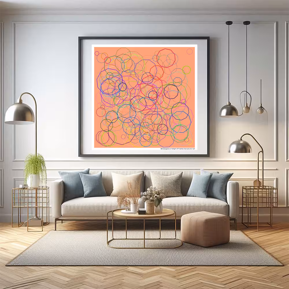 182 decagons on twilight of frosted charcoal and rust in room setting