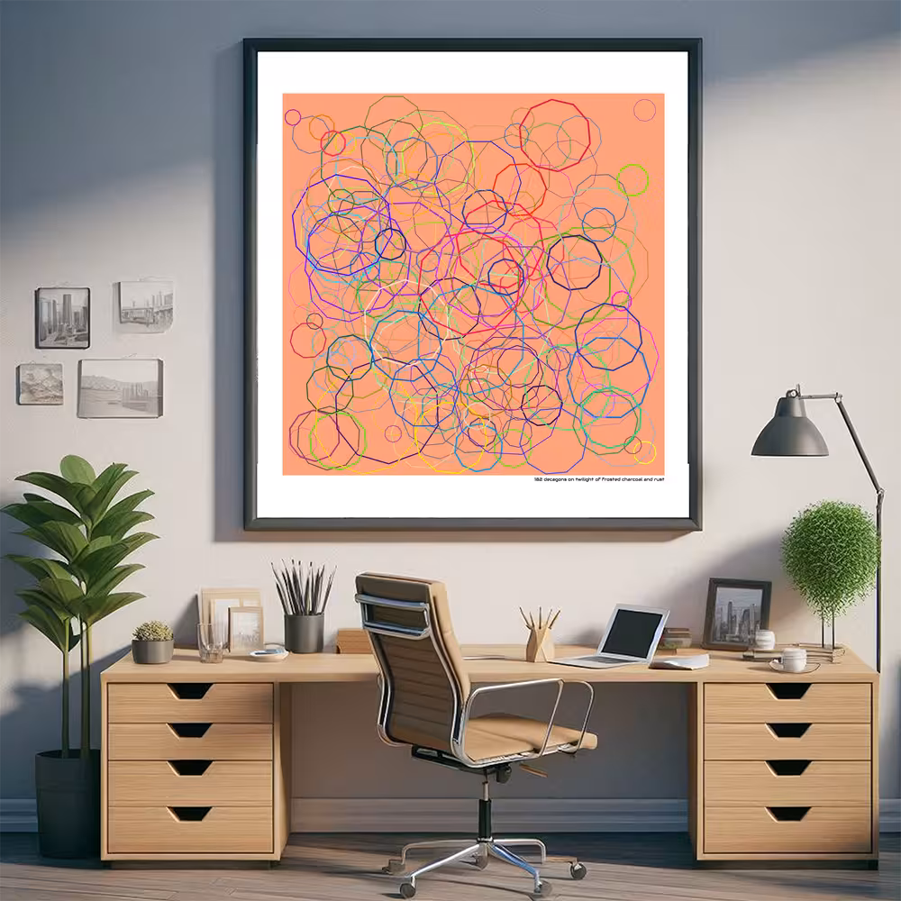 182 decagons on twilight of frosted charcoal and rust in room setting