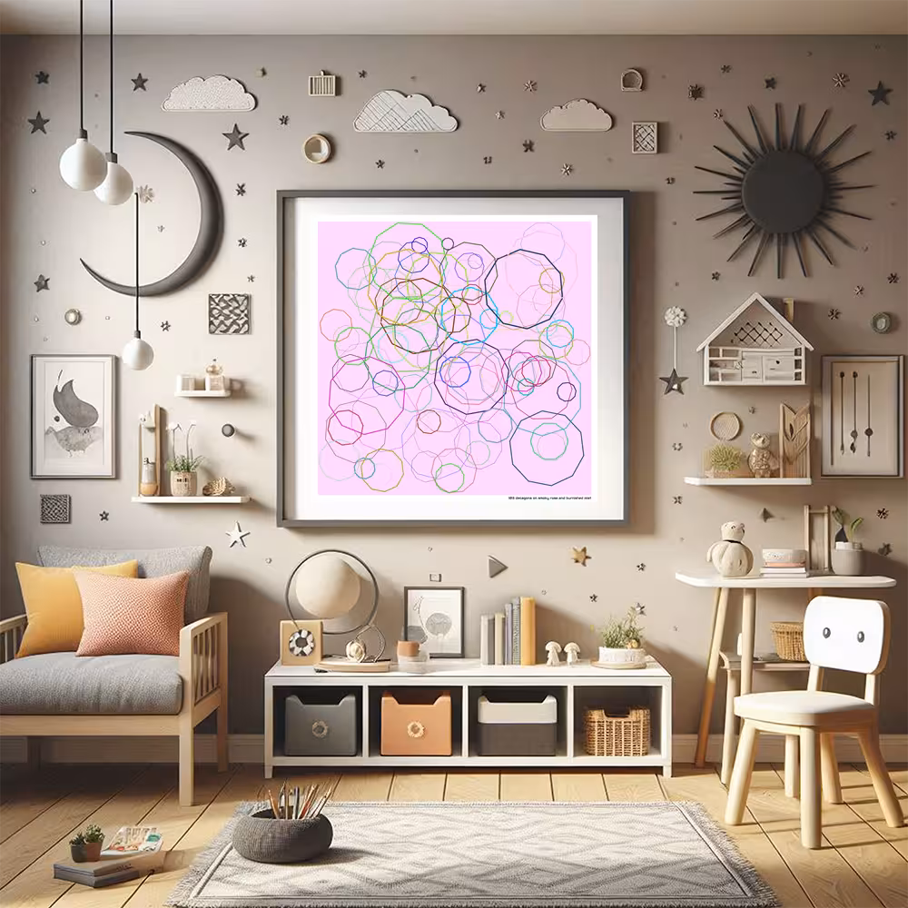 103 decagons on smoky rose and burnished mist in room setting