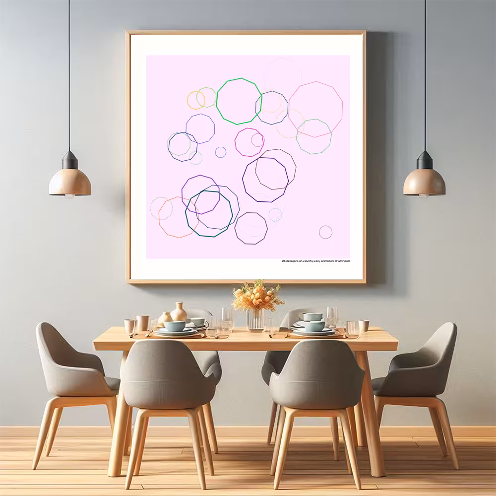 28 decagons on velvety ivory and bloom of whirlpool in room setting