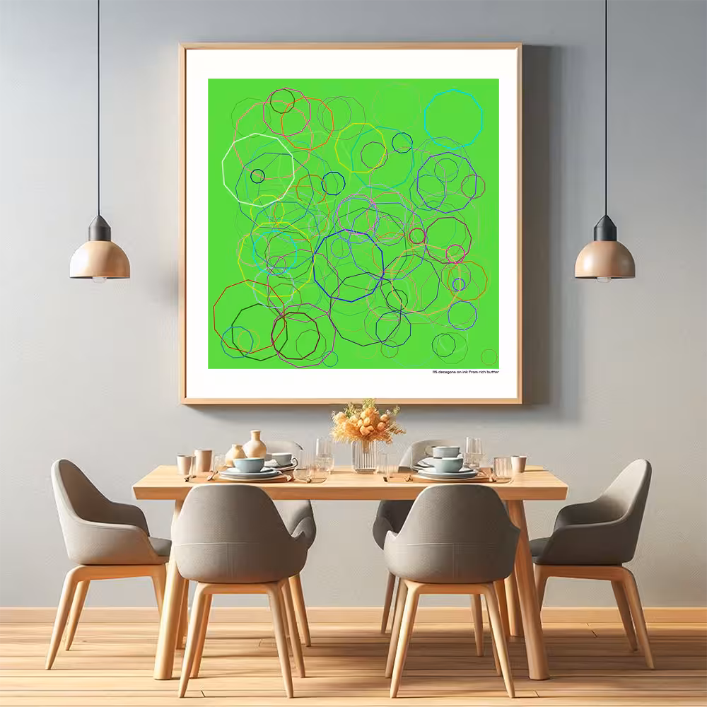 115 decagons on ink from rich butter in room setting