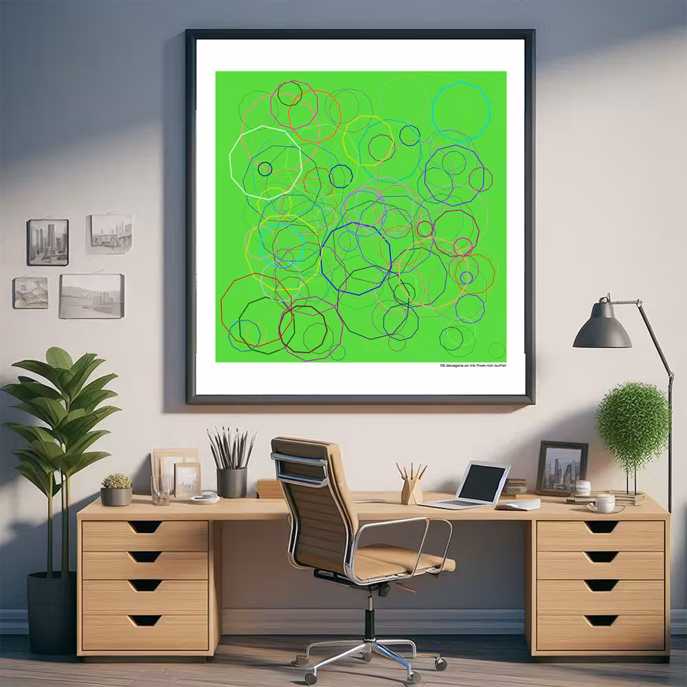 115 decagons on ink from rich butter in room setting