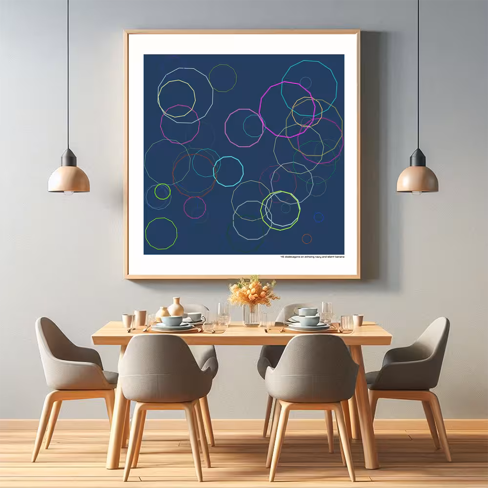 45 dodecagons on echoing navy and silent banana in room setting