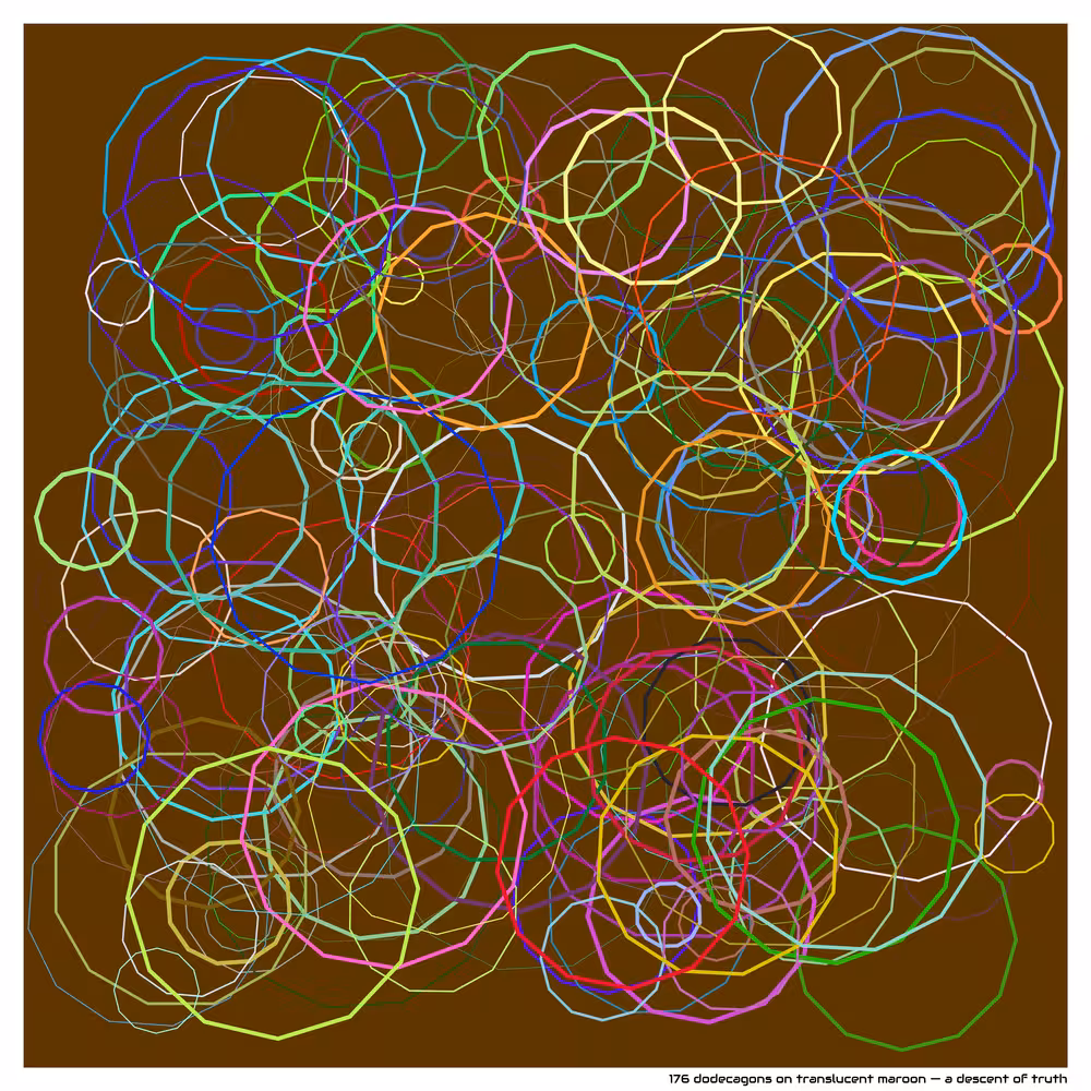 176 dodecagons on translucent maroon — a descent of truth