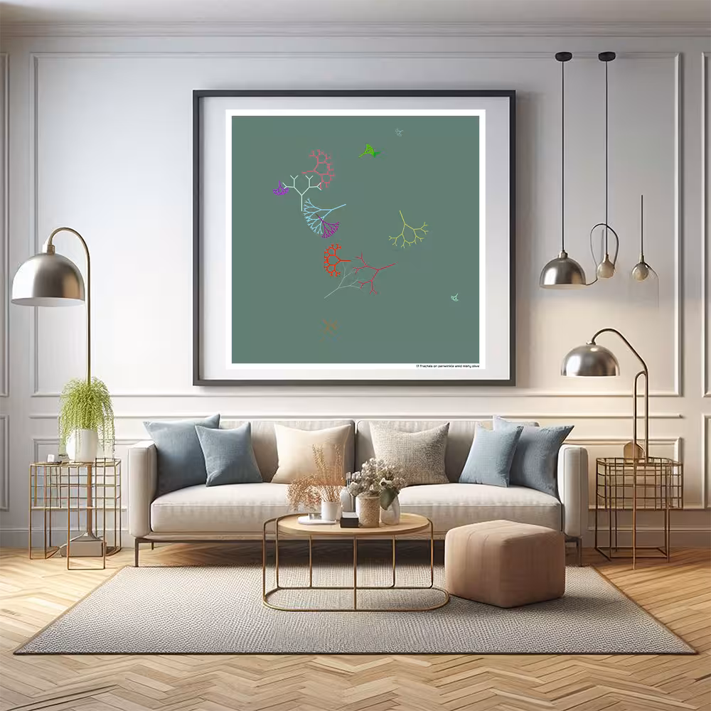 17 fractals on periwinkle amid misty olive in room setting