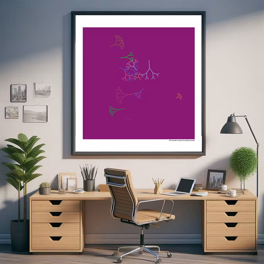 13 fractals on sky into mellow smoke in room setting