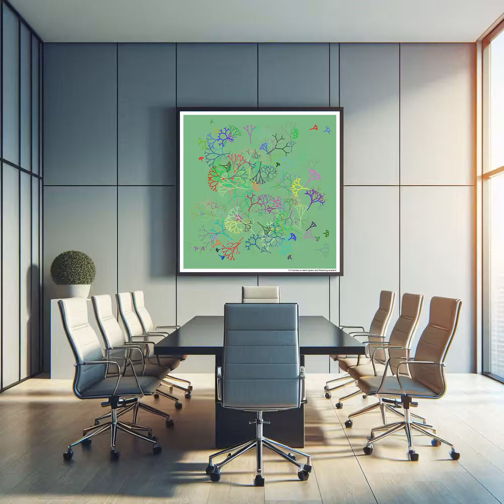 171 fractals on silent green and flickering mustard in room setting