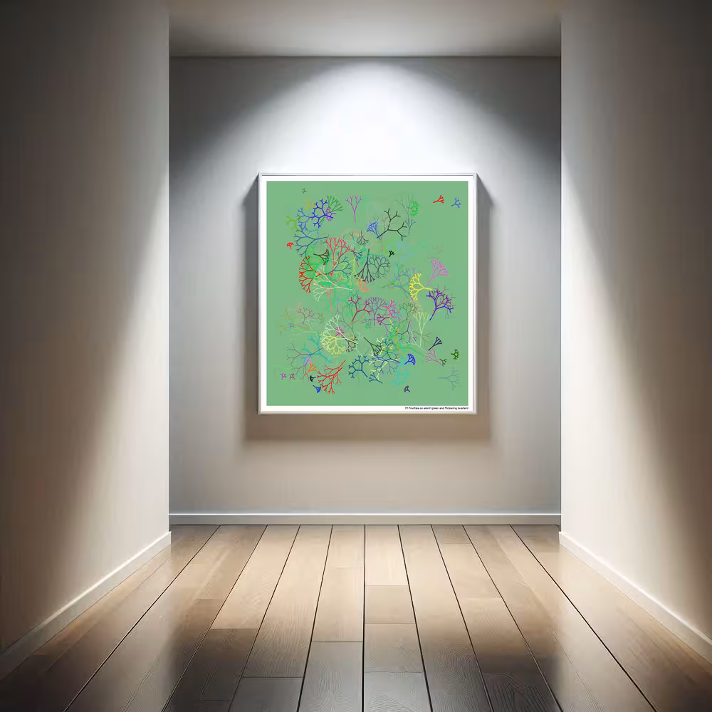 171 fractals on silent green and flickering mustard in room setting