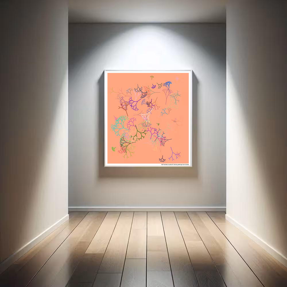 92 fractals on petal of velvety amethyst and fuchsia in room setting