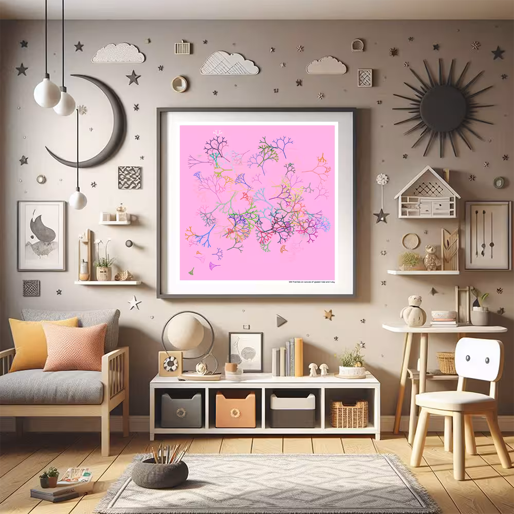 123 fractals on canvas of glazed rose and ruby in room setting