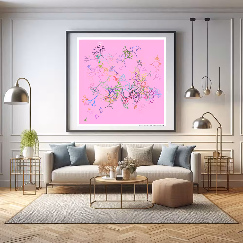 123 fractals on canvas of glazed rose and ruby in room setting