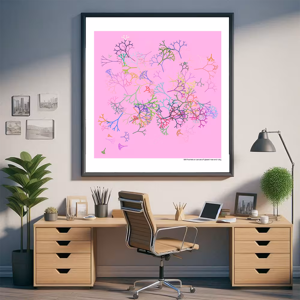 123 fractals on canvas of glazed rose and ruby in room setting