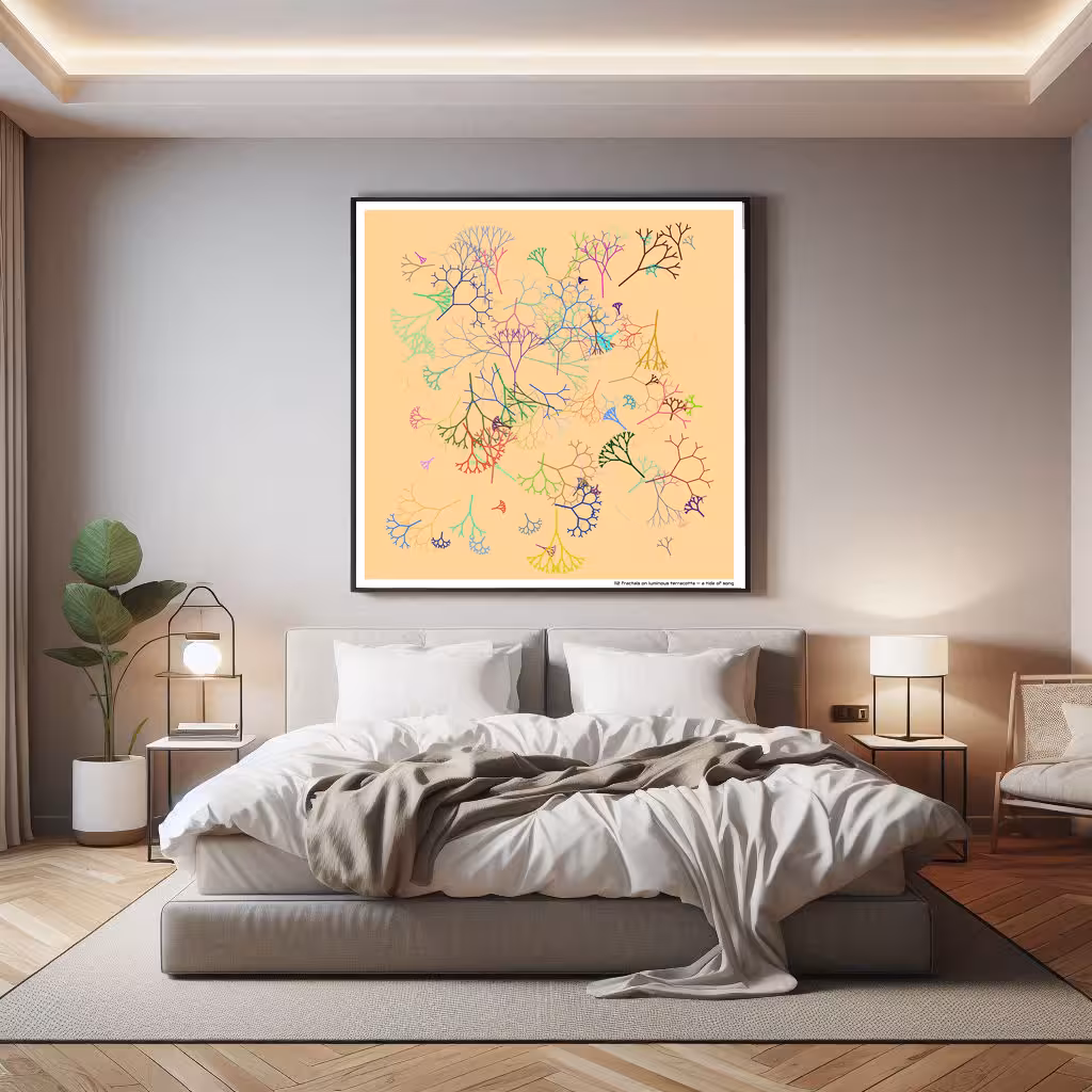 112 fractals on luminous terracotta — a tide of song in room setting
