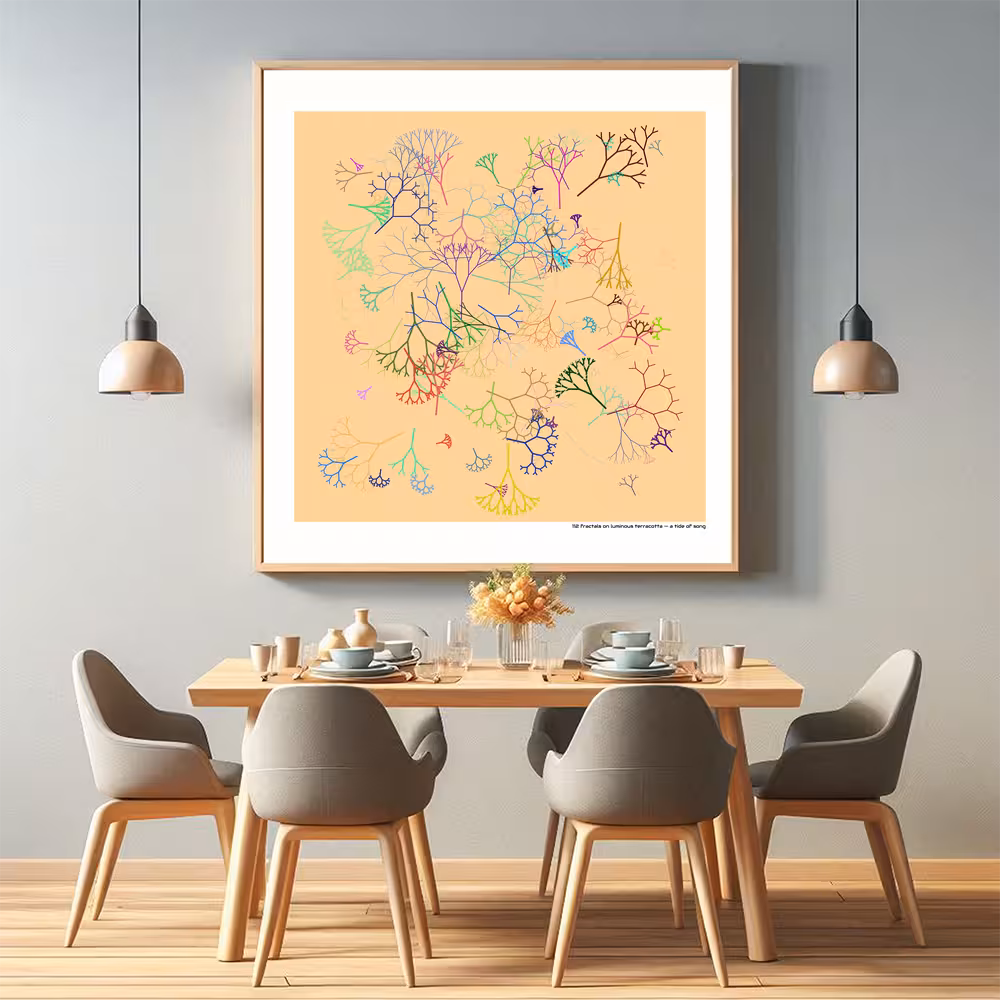 112 fractals on luminous terracotta — a tide of song in room setting