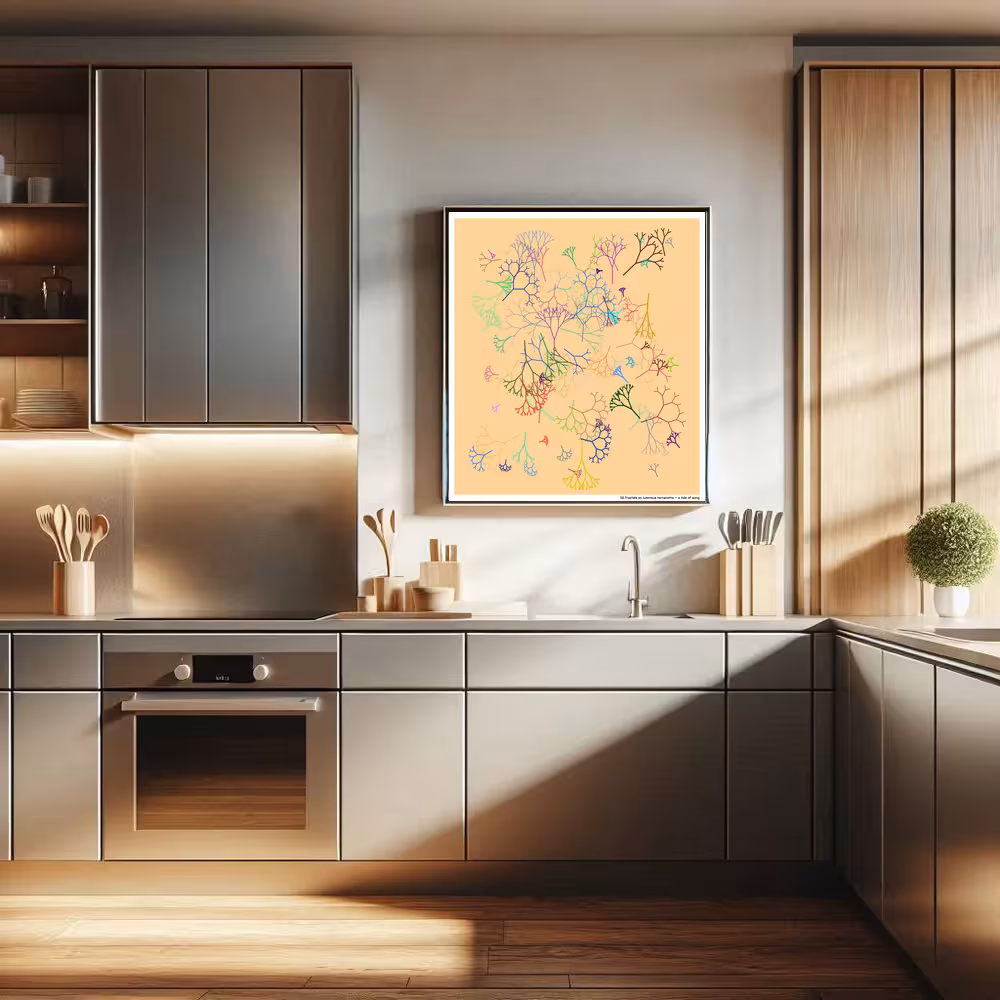 112 fractals on luminous terracotta — a tide of song in room setting