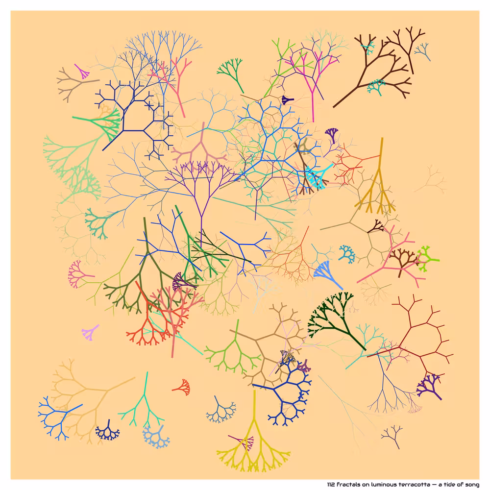 112 fractals on luminous terracotta — a tide of song