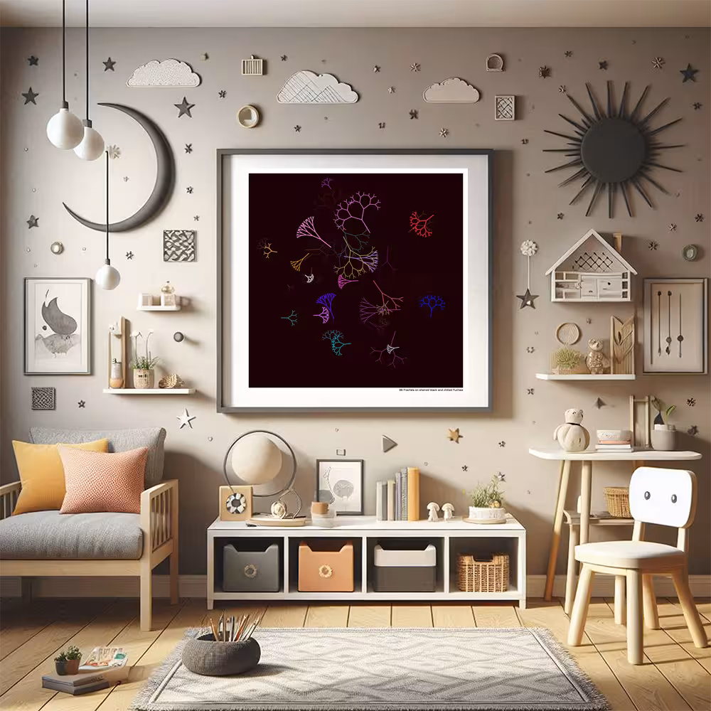 36 fractals on stained black and chilled fuchsia in room setting