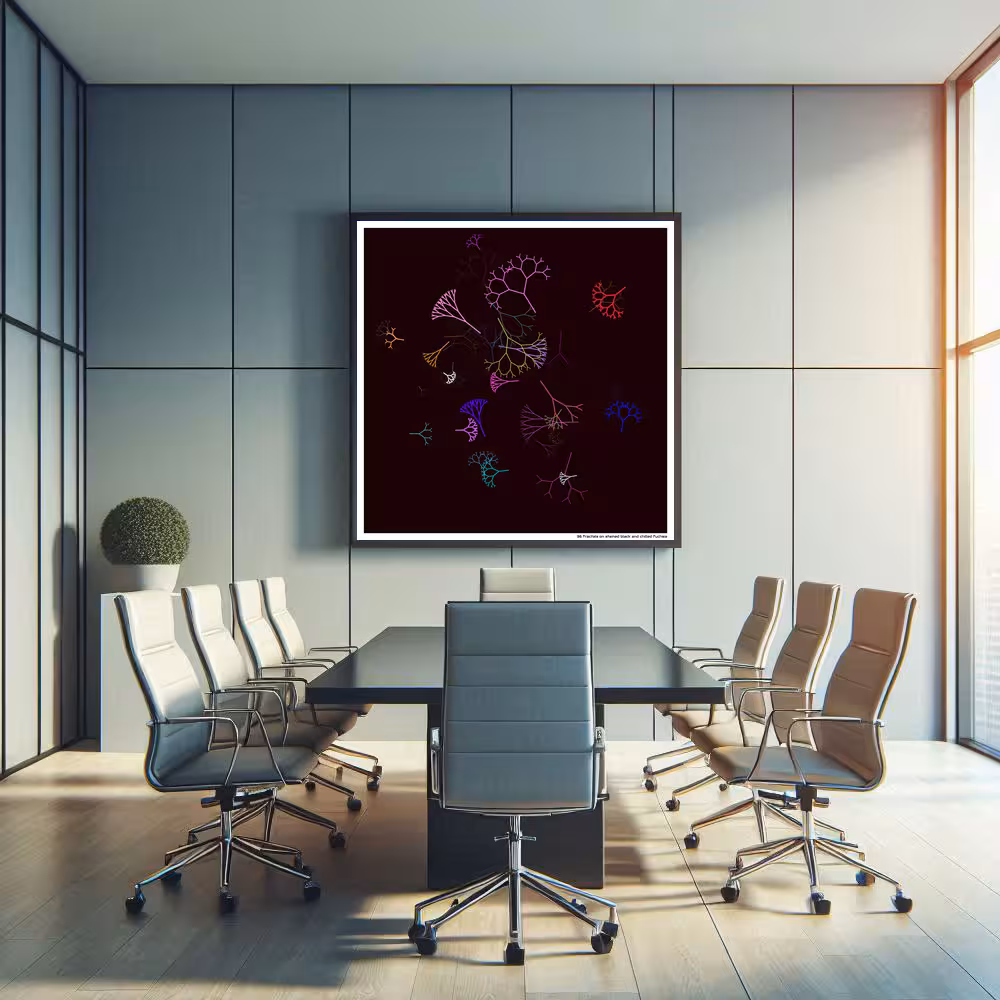 36 fractals on stained black and chilled fuchsia in room setting