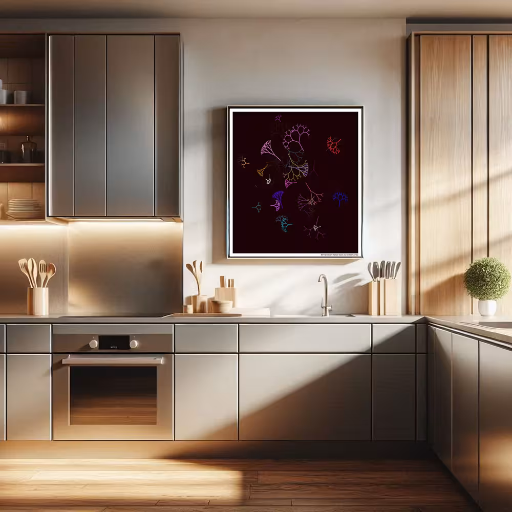 36 fractals on stained black and chilled fuchsia in room setting